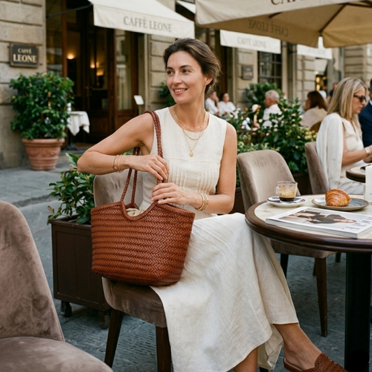 Woman sitting at an outdoor cafe table with a brown bag, in front of a Caffe Leone establishment.