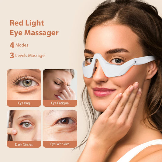 Woman using a red light eye massager with product features displayed on a beige background.