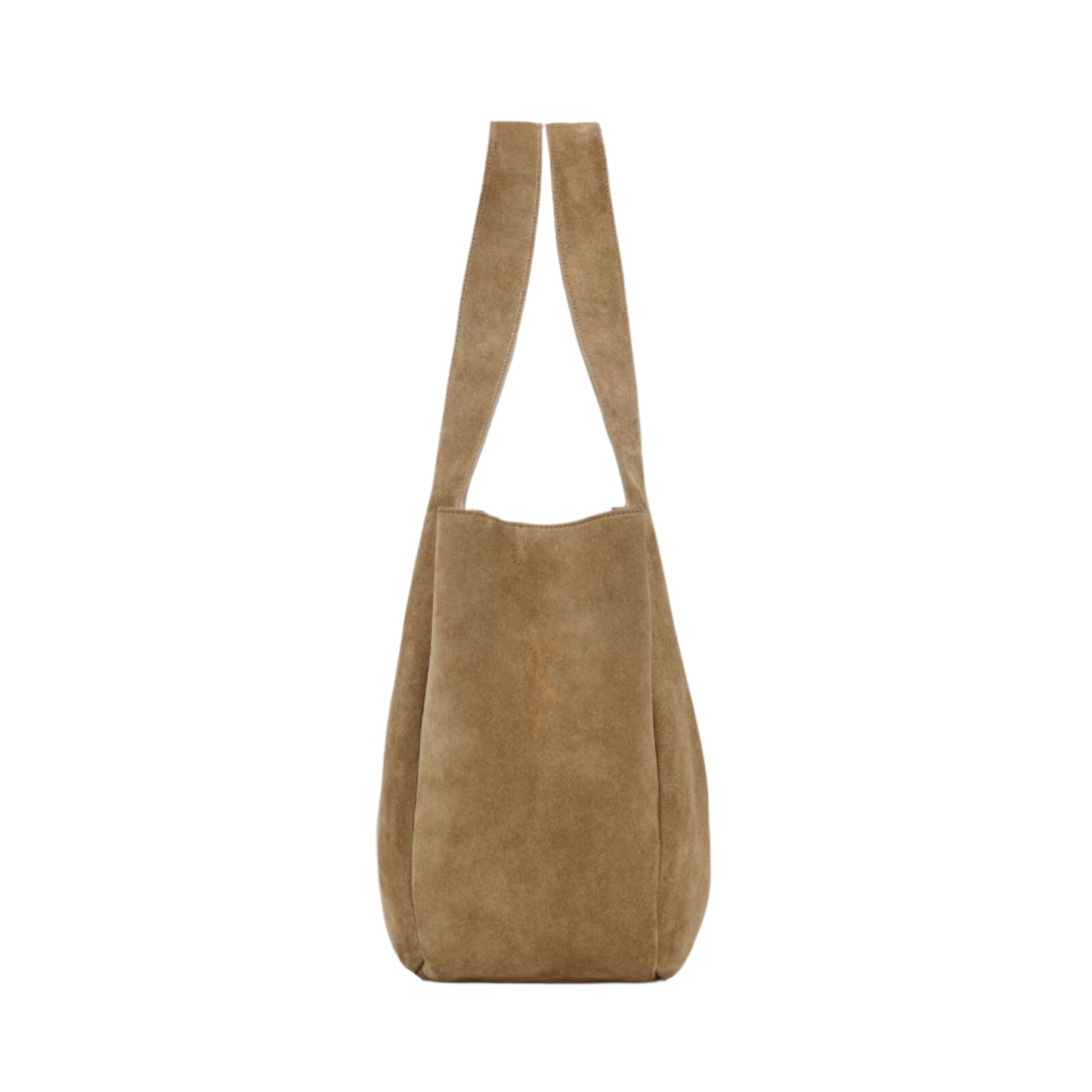 Side profile of Paduche Golden Leaf suede tote with soft structure and minimal design.