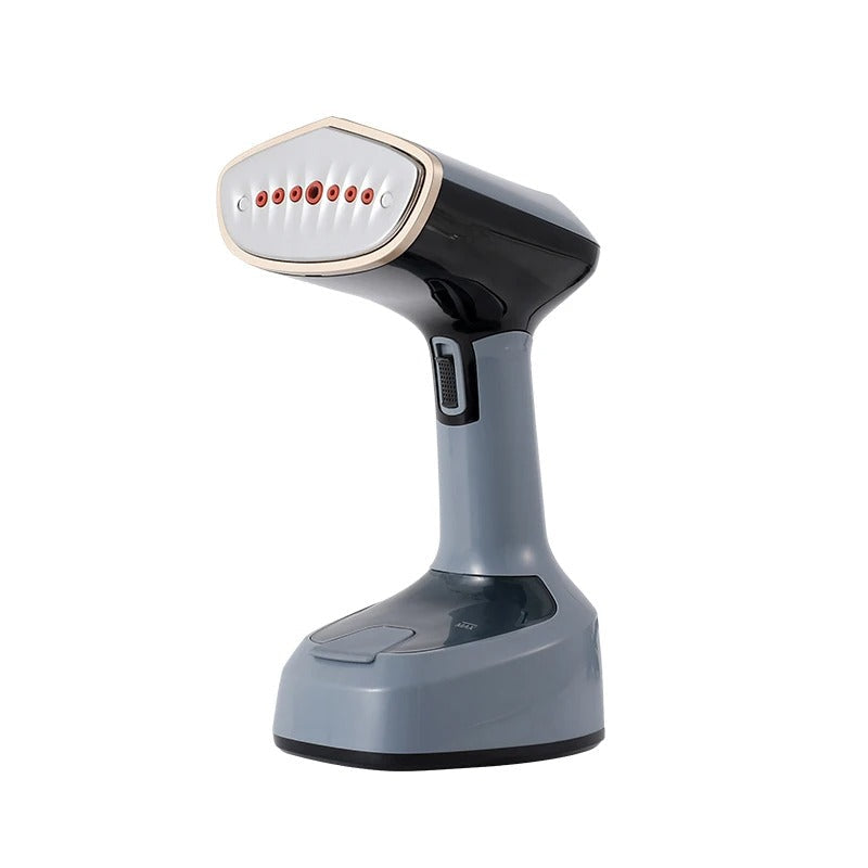 Dark gray handheld steamer on a white background