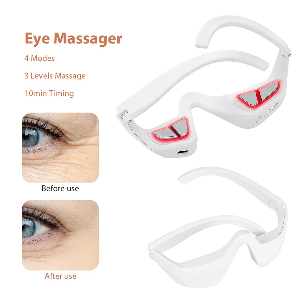 Eye massager with before and after use images on a white background