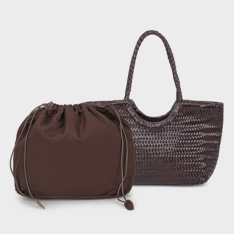 Two brown handbags, one woven and one drawstring, on a light gray background