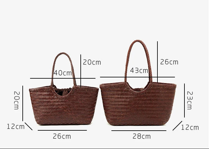 Brown woven handbag with dimensions labeled on a white background