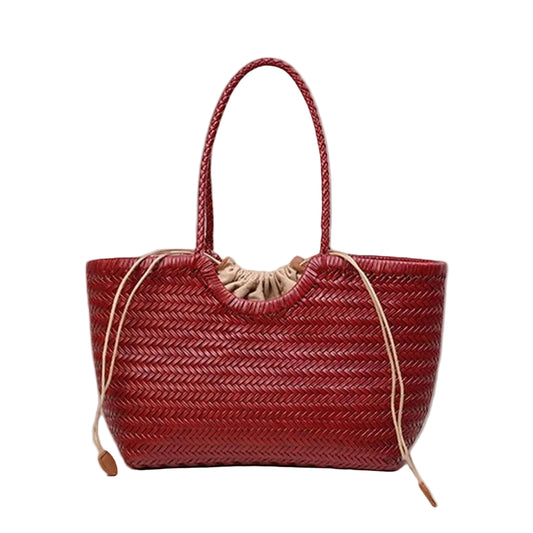 Burgundy woven handbag with drawstring on a white background
