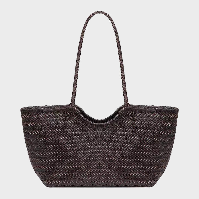 Woven brown tote bag on a light gray background
