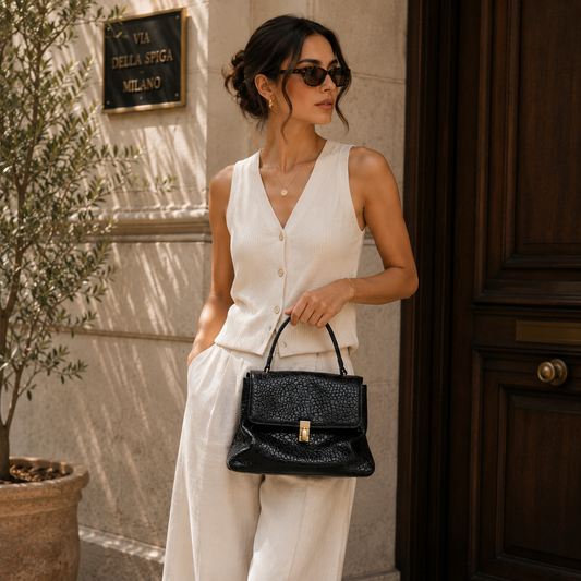 Woman in a white outfit holding a black handbag in front of a building entrance.