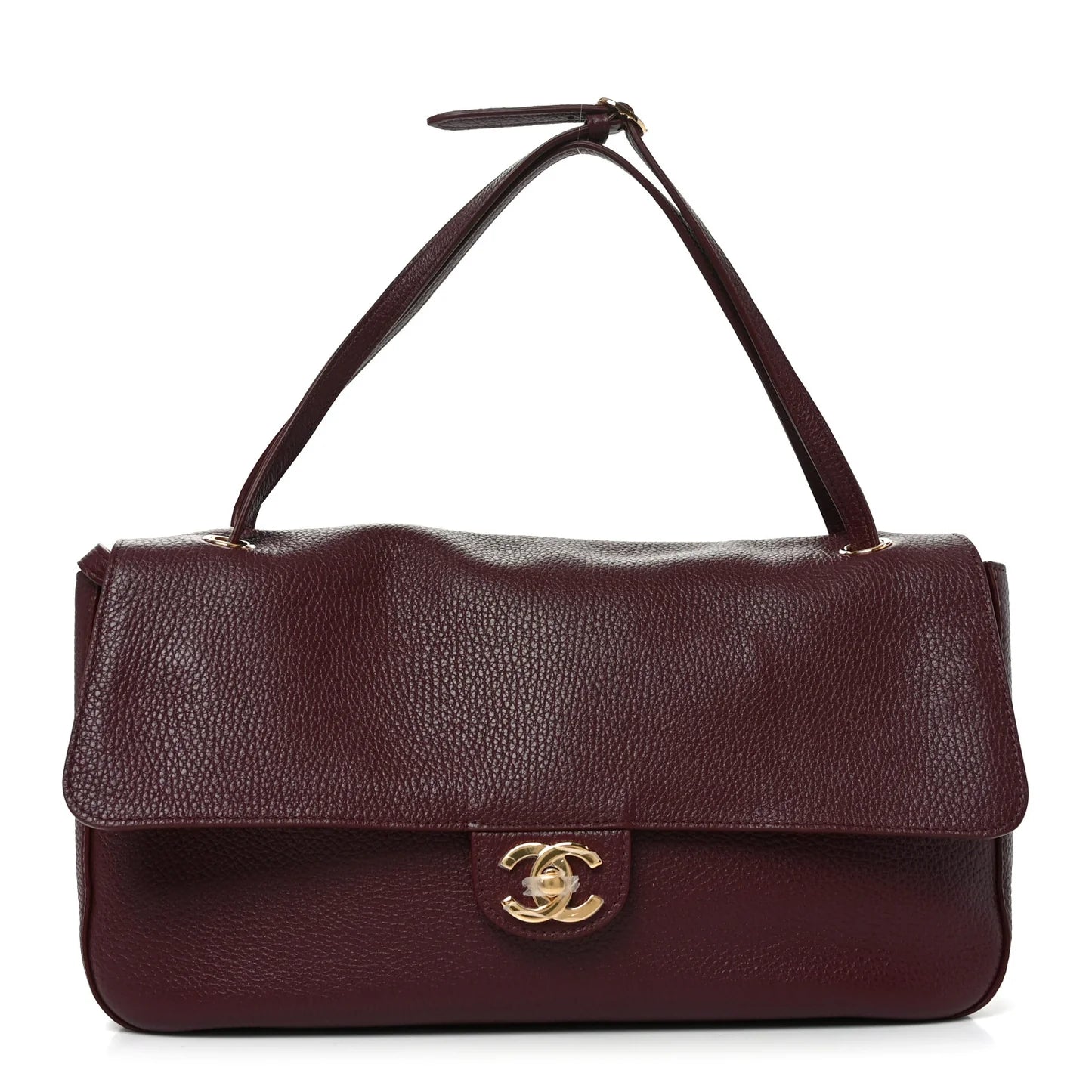 Burgundy leather handbag with gold clasp on a white background