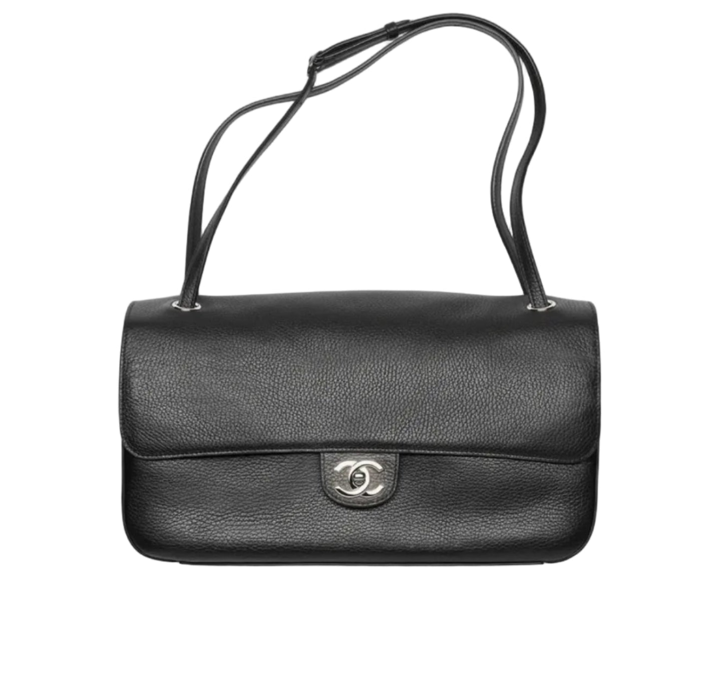Black handbag with Chanel logo on a white background