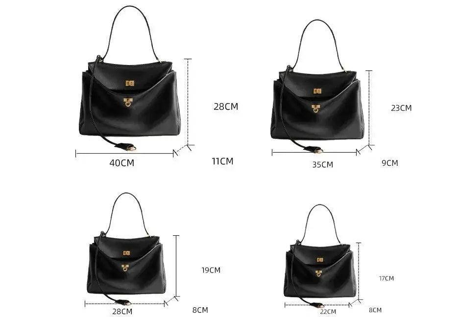 Black handbag with dimensions labeled on a white background