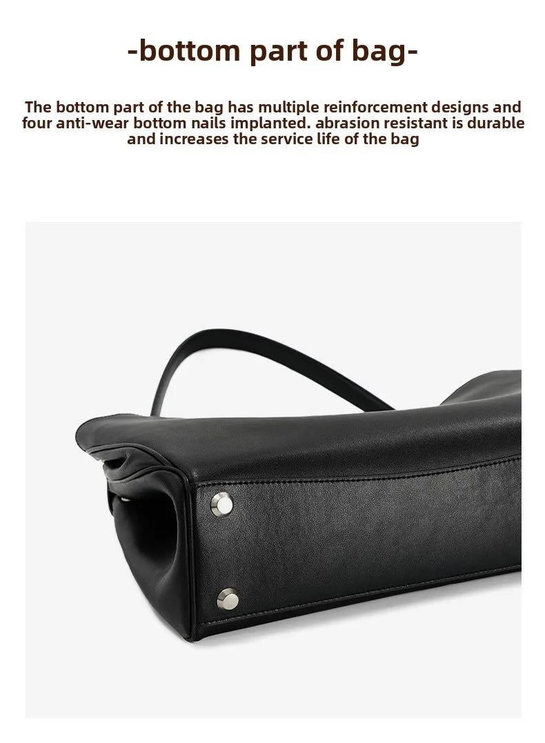 A close-up of the bottom corner of a black leather bag, showing reinforced edges and silver metal nail details, with descriptive text above on a light gray background.