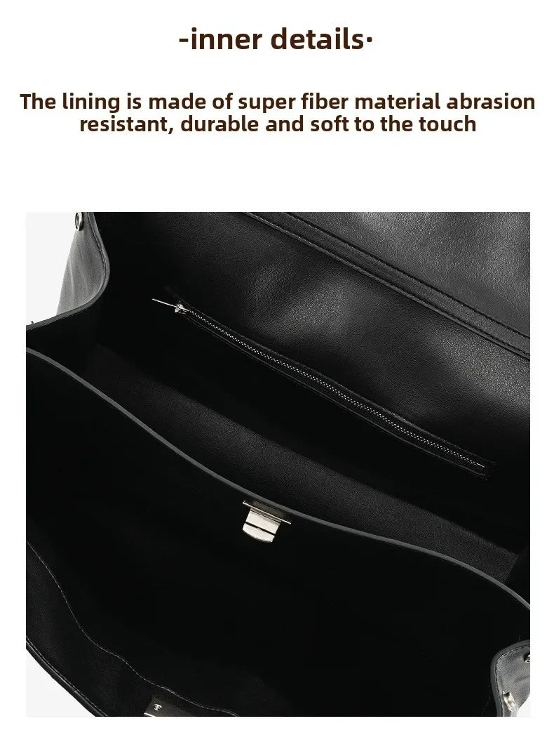 Close-up of the interior of a black bag showing the lining, zipper pocket, and hardware, with text above describing the inner details and lining material.