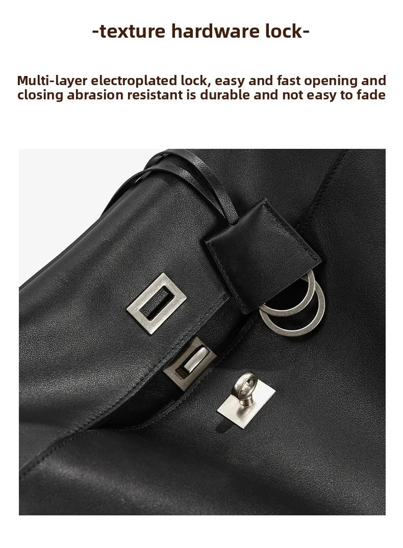 Close-up detail of a black leather bag showing a textured hardware lock mechanism with silver metal plates and rings, accompanied by descriptive text about the lock.