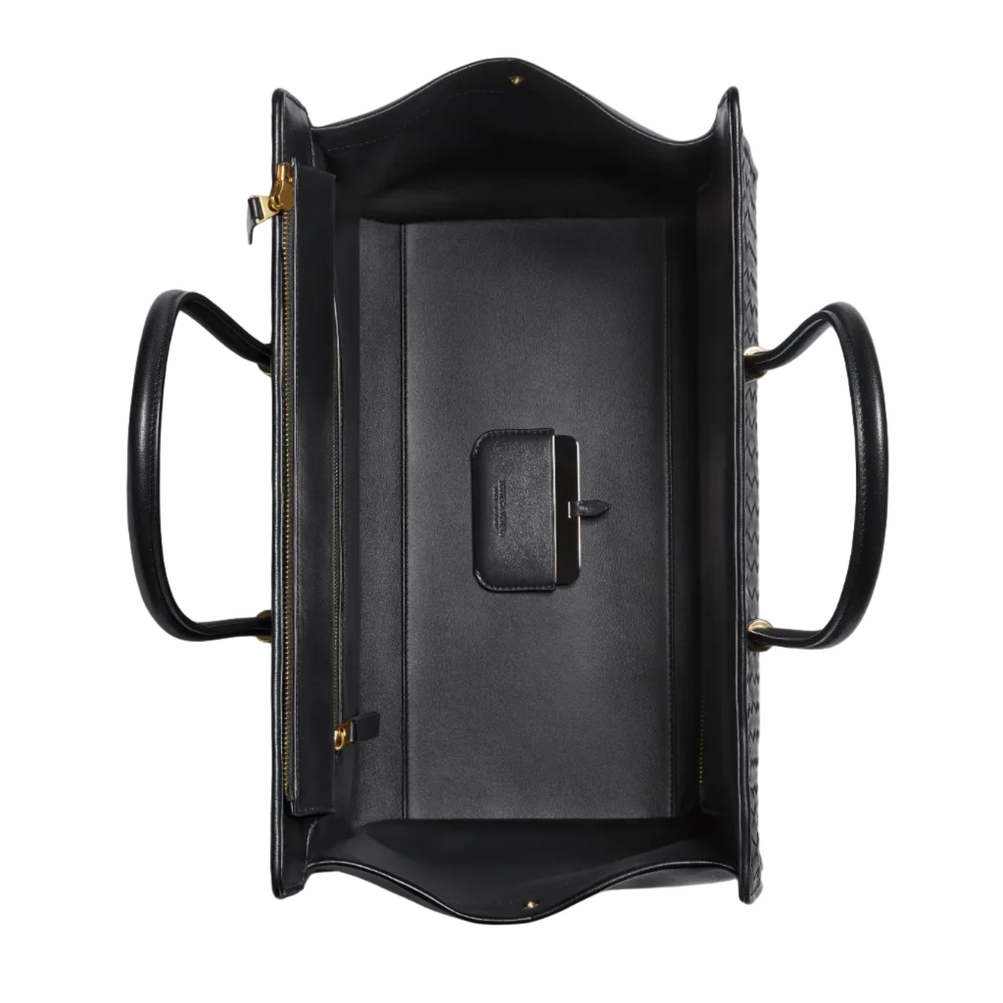 Top-down view of a black leather handbag with a quilted pattern on the sides, featuring gold-tone hardware and a zippered closure, set against a clean light gray background.