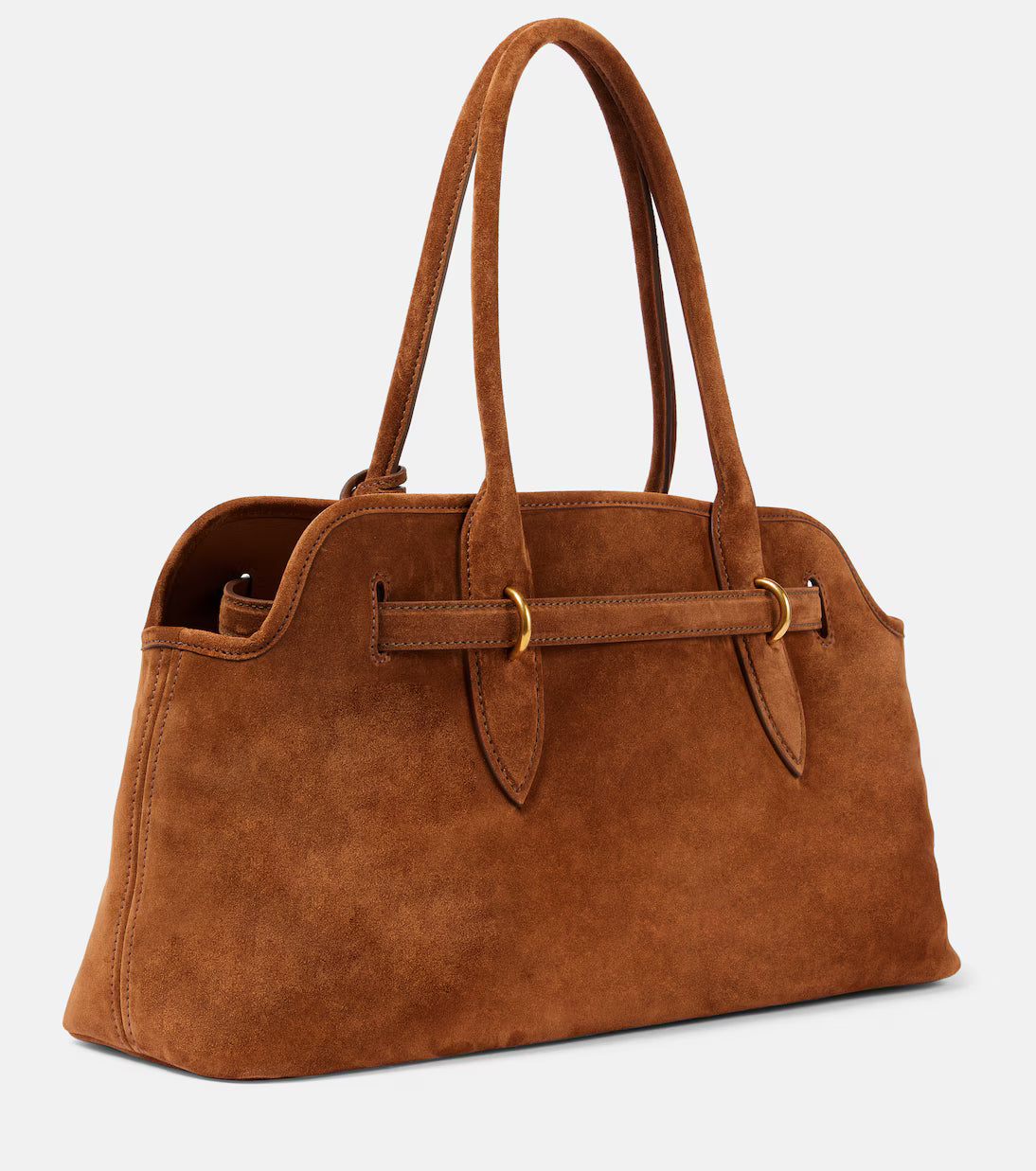 Brown leather handbag with a strap on a white background