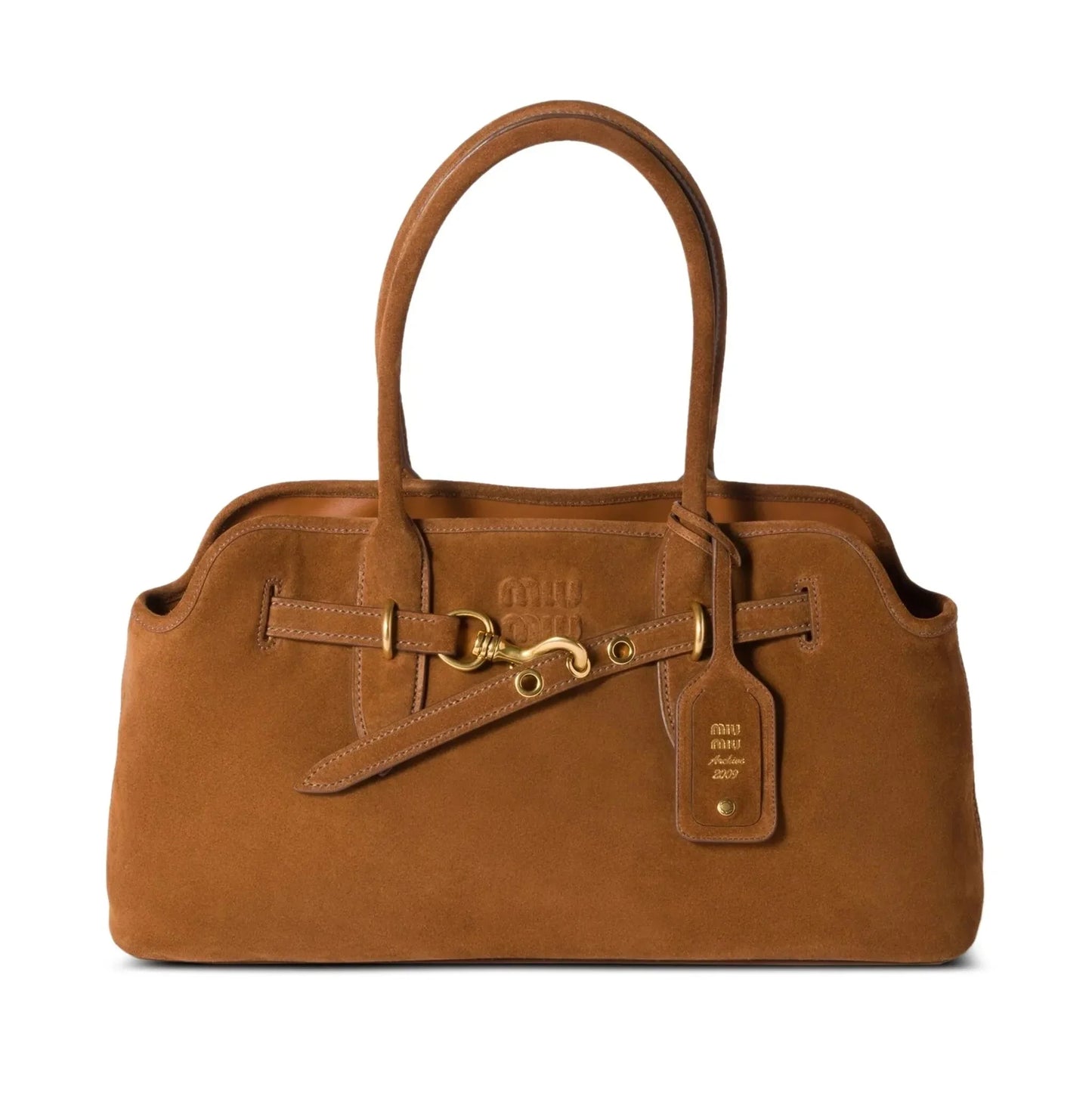 Brown leather handbag with gold accents on a white background