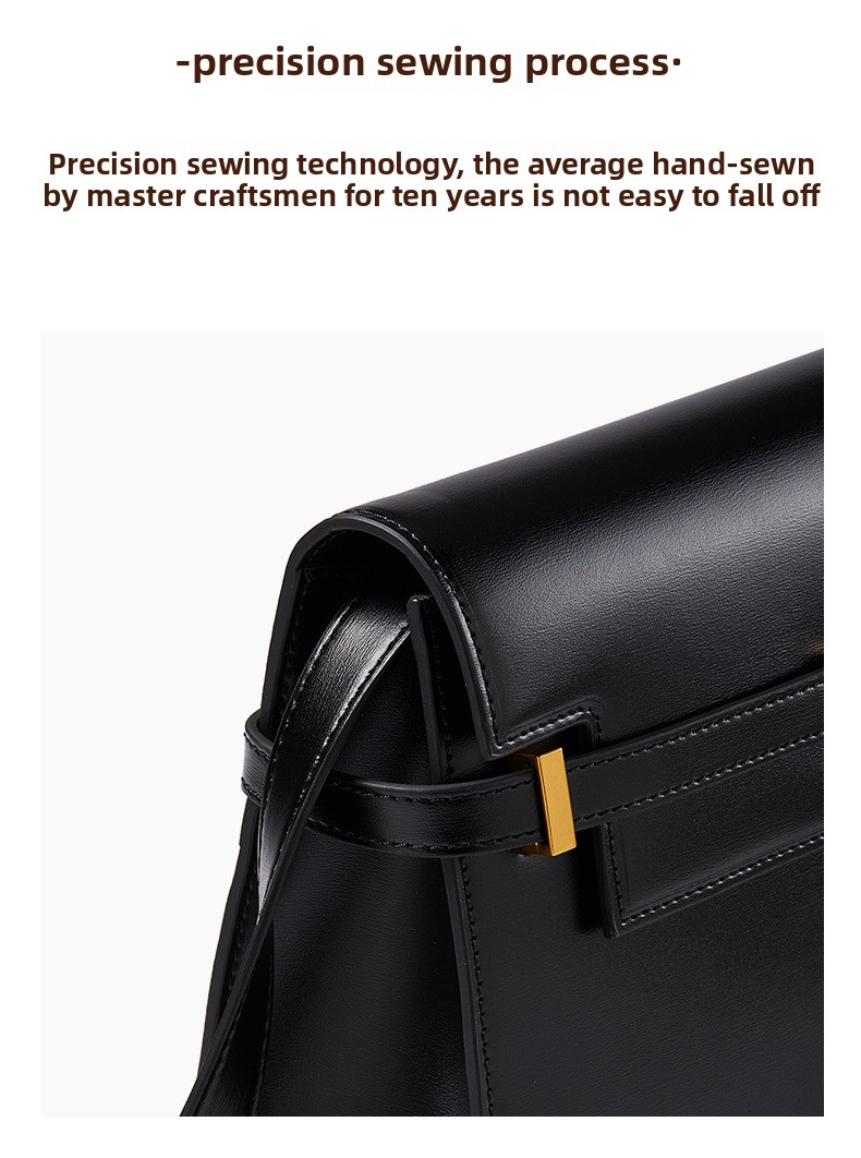 Black leather bag with gold hardware on a white background, highlighting precision sewing process.