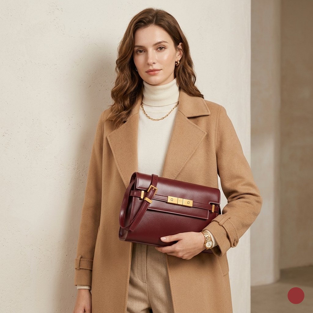 Woman holding a burgundy handbag against a plain background