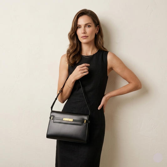 Woman holding a black handbag against a beige background