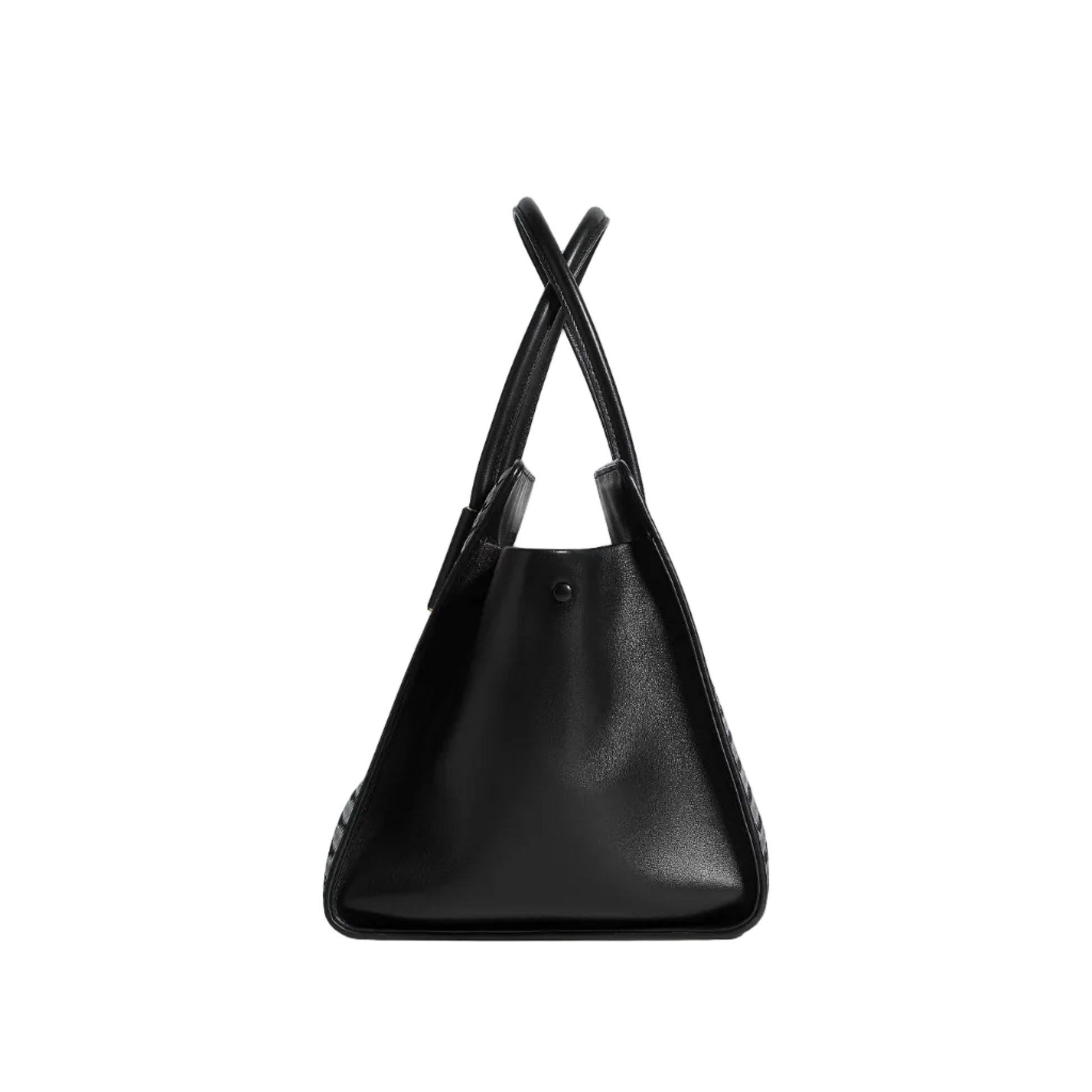 A black leather handbag with a structured, slouchy triangular silhouette and double top handles, photographed against a clean, light gray studio background.