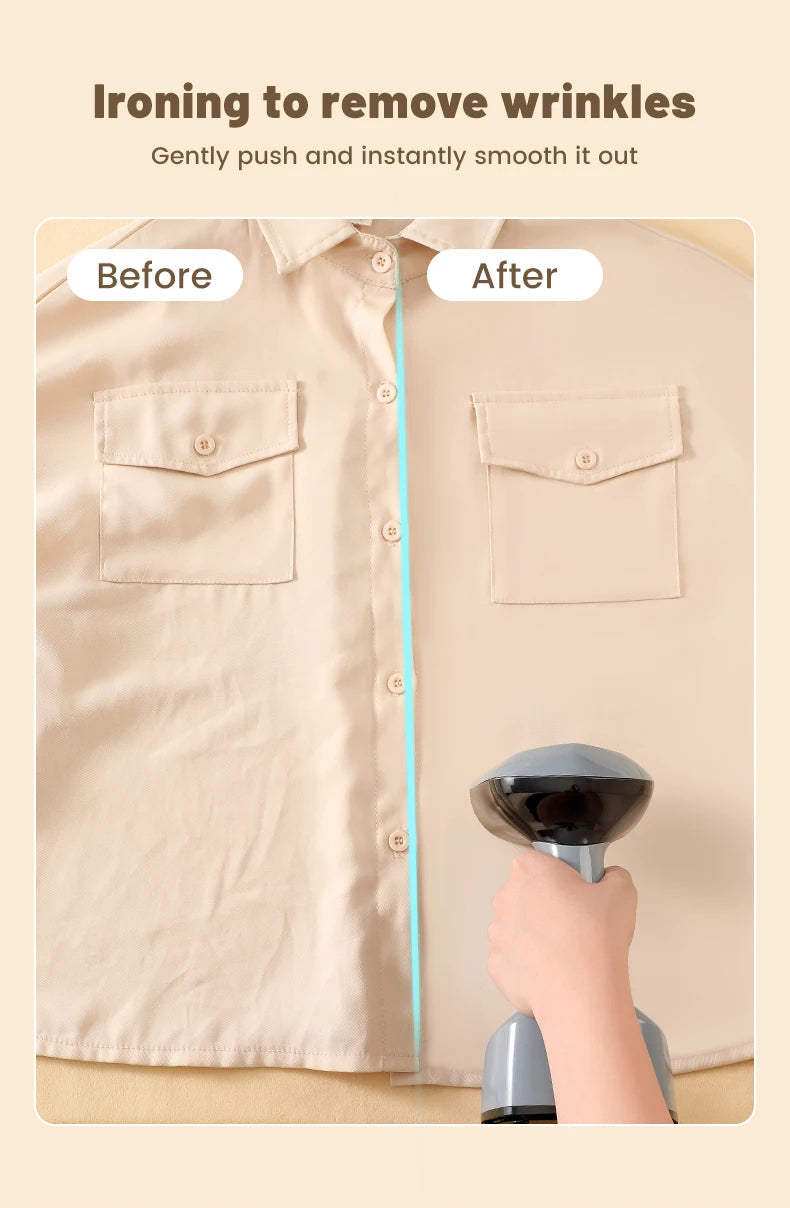 Before and after comparison of ironing a shirt with text indicating the process.
