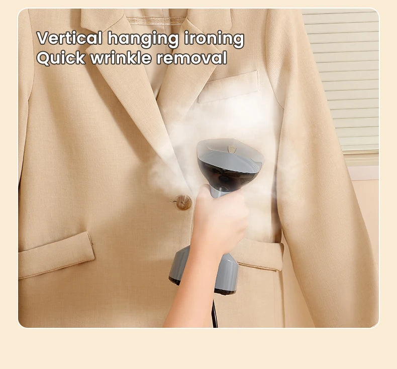 Person using a vertical hanging iron on a beige blazer to remove wrinkles.