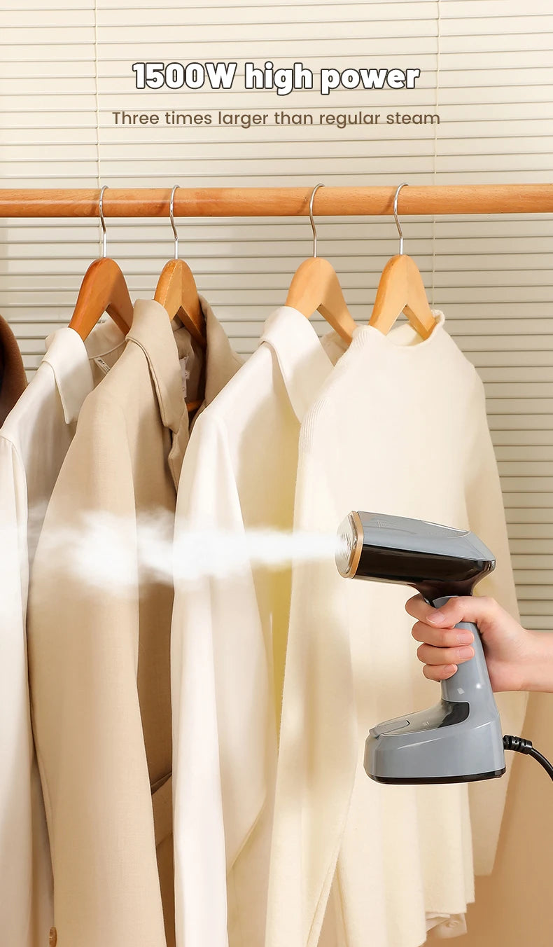 Steam cleaner being used on beige clothes hanging on a rack with text indicating high power.