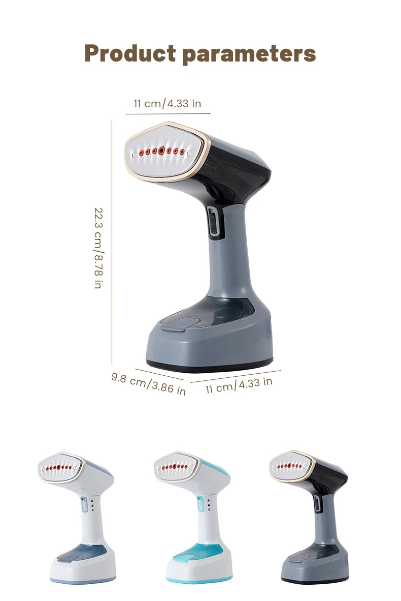 Handheld steamer with dimensions and product parameters displayed on a white background