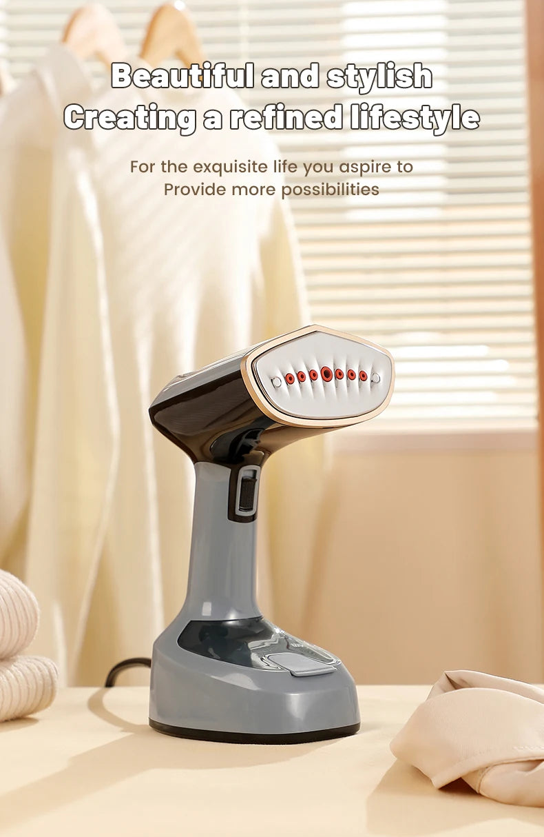 Handheld steamer on a table with text about creating a refined lifestyle.