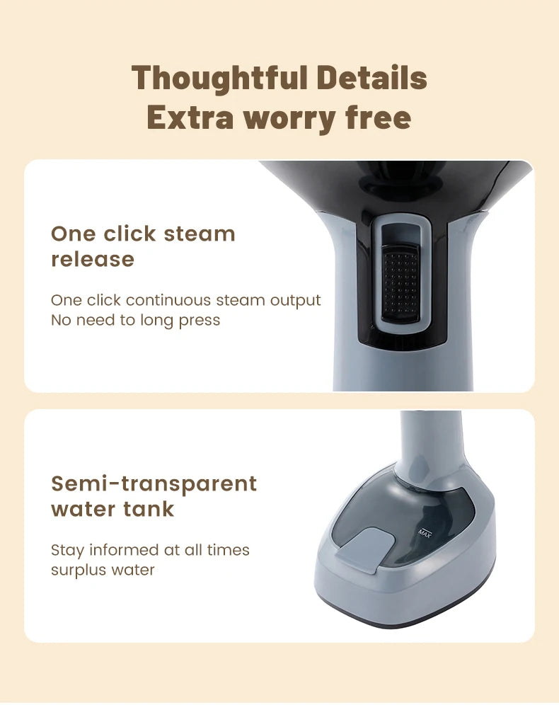 Product with steam release feature and semi-transparent water tank on a beige background
