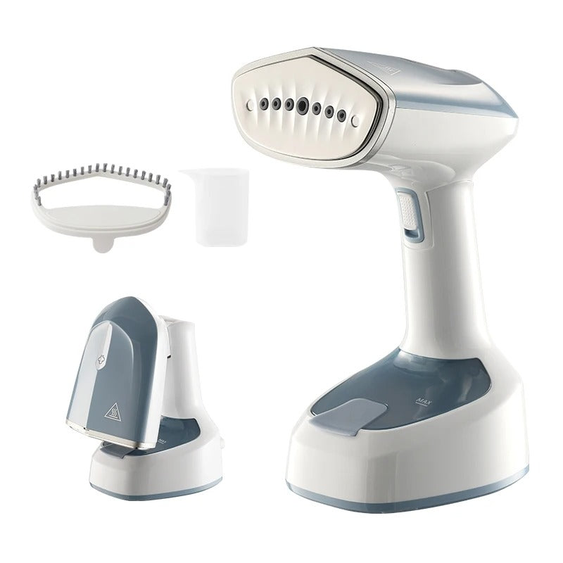 Gray handheld steamer with attachment on a white background