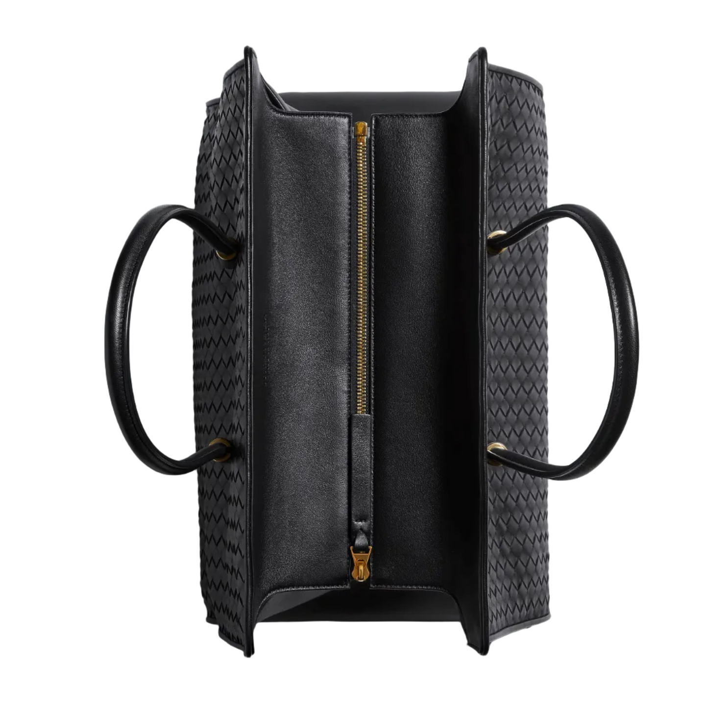 Black woven handbag with gold zipper on a light gray background
