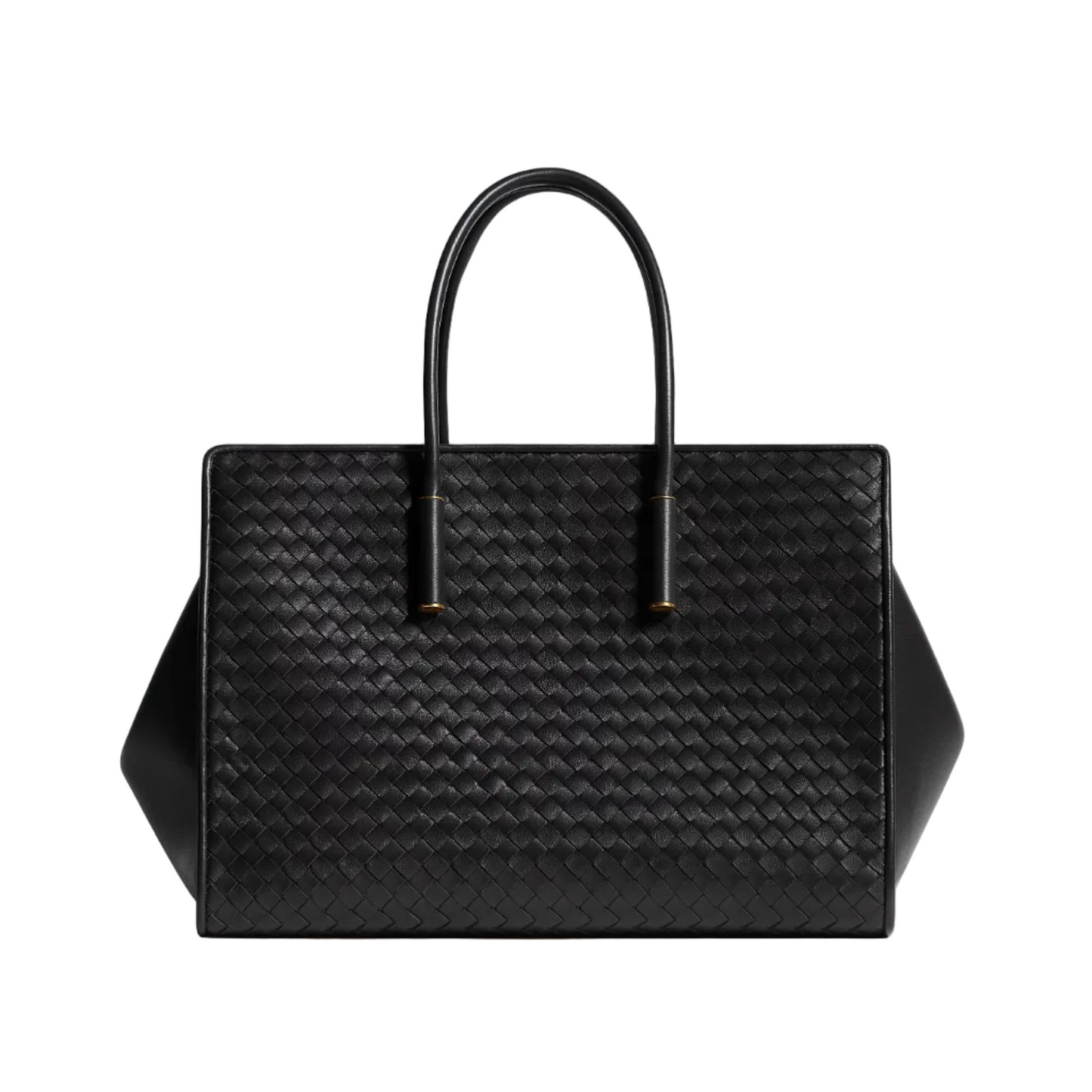 A black woven leather tote bag with double top handles, photographed against a clean, light gray studio background.