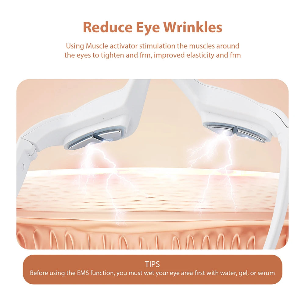 Eye muscle activator with text on reducing eye wrinkles and usage tips.