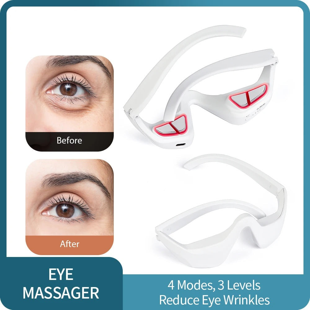 White ForeverLily eye massager device shown on a white background with before-and-after eye closeups and text reading 'EYE MASSAGER' and '4 Modes, 3 Levels Reduce Eye Wrinkles'.
