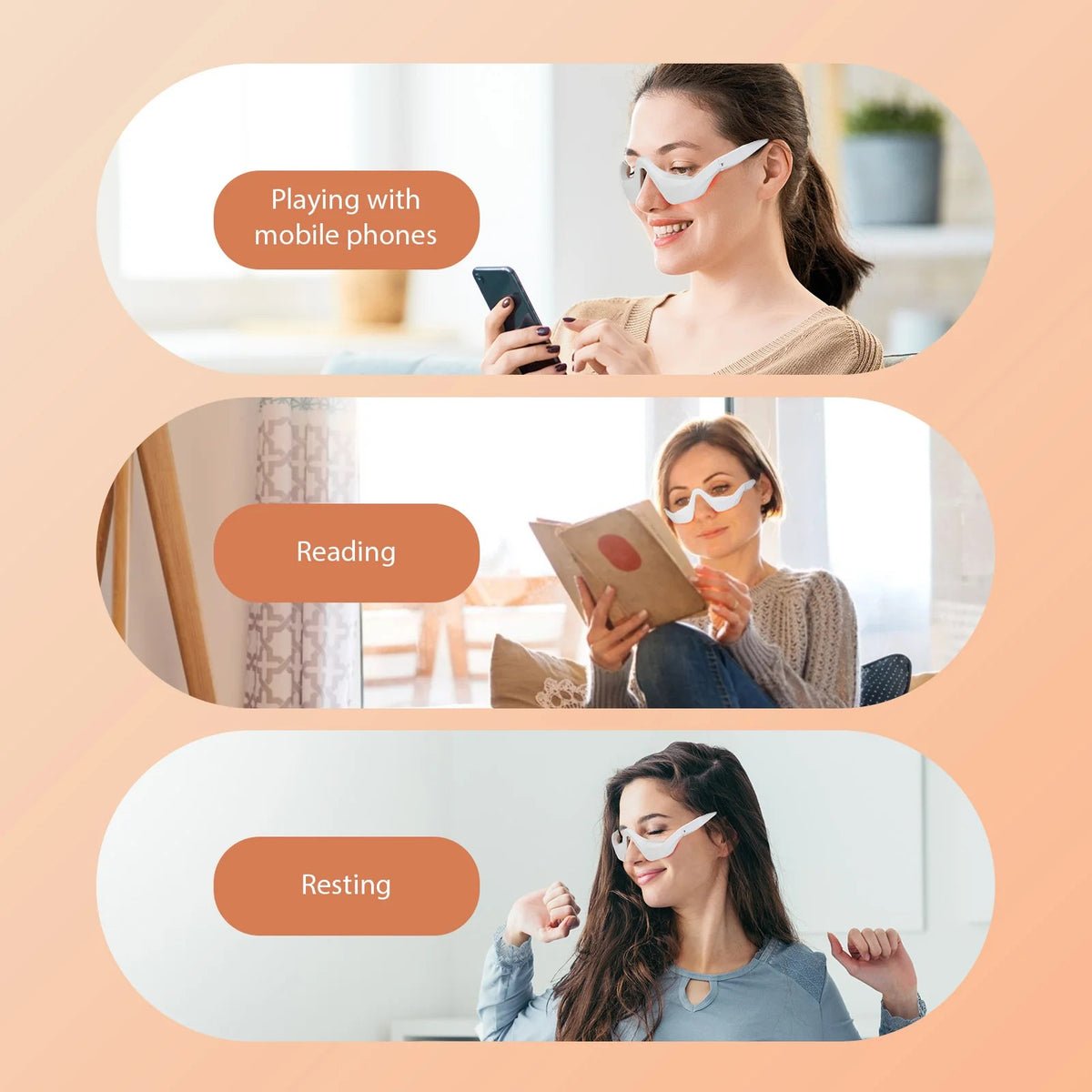 Woman wearing smart glasses in different activities with text labels on a peach background