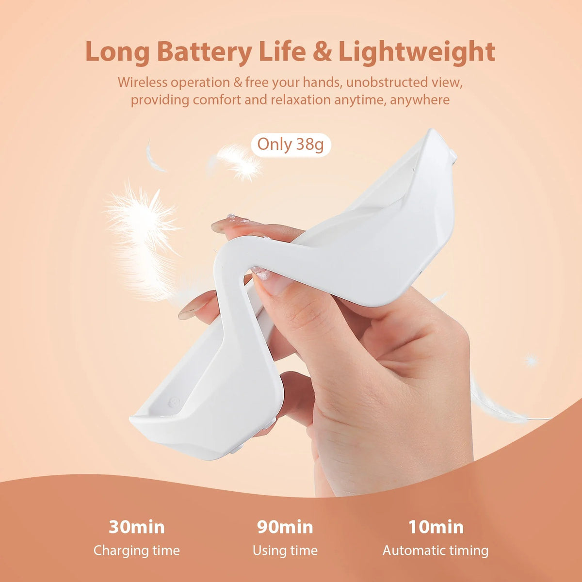 Hand holding a white electronic device with text about battery life, weight, and features on a peach background.