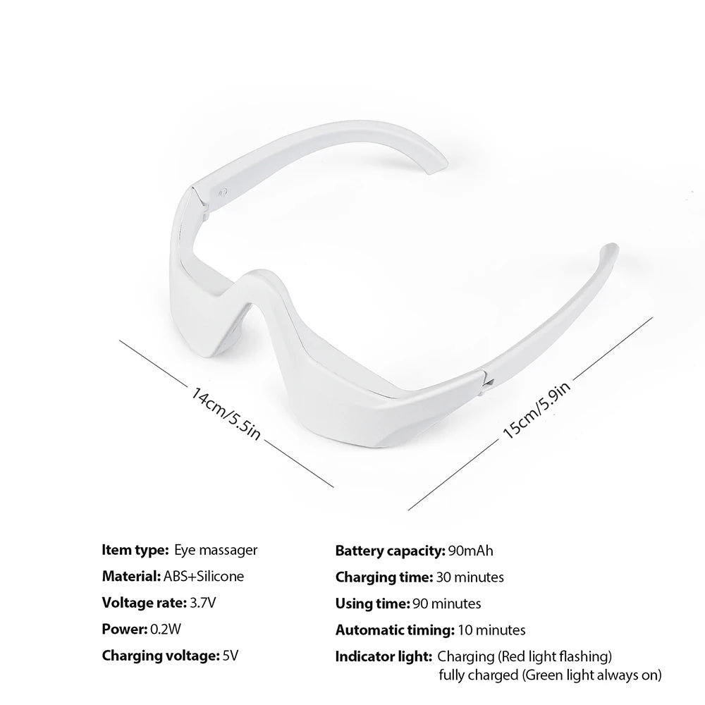 White eye massager with dimensions and specifications on a white background